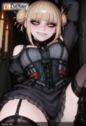 ai_generated bangs blonde_hair blunt_bangs blush boots breasts dollmaker dollmaker_(artist) double_bun eyebrows_visible_through_hair female half-closed_eyes himiko_toga knife looking_at_viewer medium_breasts messy_hair patreon_username smile solo spread_legs tagme thigh_strap toga_himiko watermark weapon yellow_eyes