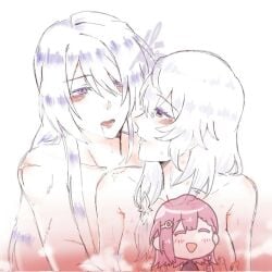 2girls acheron_(honkai:_star_rail) bite bite_mark black_swan_(honkai:_star_rail) blue_hair boob_squish boobs_out breast_grab breasts breasts_out breath breath_cloud breathing censored colorless honkai:_star_rail kiss_mark kiss_marks navy_blue_hair purple_hair saliva saliva_drip saliva_string sweat sweatdrop sweating tits_out