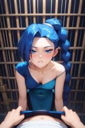 ai ai-created ai_art ai_assisted ai_generated ai_hands asian asian_female bending_forward bending_over bent_forward bent_over bent_over_table blie blue_eyes blue_hair breasts cleavage cleavage_cutout cleavage_window down_blouse down_view downblouse dress female looking_at_viewer partially_clothed pov_eye_contact scissor_seven svpk76 thirteen_(scissor_seven)