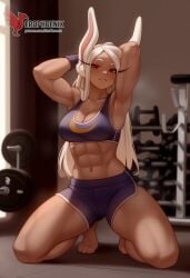 1girls 2d abs ai_generated ass big_ass big_breasts boku_no_hero_academia breasts cleavage dark-skinned_female dark_skin erophoenix female female_focus full_body gym looking_at_viewer mirko miruko muscle muscular_female my_hero_academia navel patreon_username solo solo_female sports_bra thick thick_thighs toned uncensored