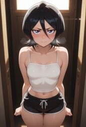 1girls ai_generated black_hair bleach camisole closed_mouth dolphin_shorts female heavy_breathing kuchiki_rukia looking_at_viewer midriff navel purple_eyes short_hair shy slight_blush solo solo_female spaghetti_strap white_shirt zxcfiend