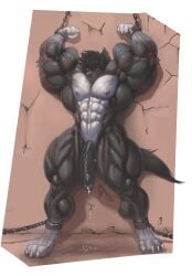 2024 5_fingers abs absurd_res anthro biceps big_muscles black_body black_fur black_nose bodily_fluids bound canid canine canis chained chained_to_wall chained_up chains claws clothing digitigrade fangs fingers flexing full_moon fur genital_fluids genitals glowing glowing_eyes green_eyes hair hi_res huge_muscles hyper hyper_muscles looking_at_viewer male mammal moon multicolored_body multicolored_fur muscular muscular_male muscular_thighs nipples nude penis precum rizzyofen solo standing teeth werecanid werecreature white_body white_claws white_fur