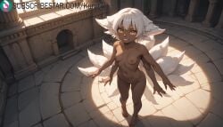 1girls ai_generated animal_ears artist_name artist_signature barefoot breasts collarbone completely_nude dark-skinned_female dark_skin extra_arms faputa full_body furry hi_res high_resolution highres indoors kurutai looking_at_viewer made_in_abyss multiple_tails navel nipples nude short_hair small_breasts smile solo standing subscribestar subscribestar_username tail uncensored white_hair yellow_eyes