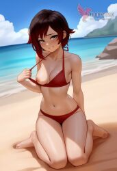 1girls 2d ai_generated ass back barefoot beach beachball big_ass big_breasts bikini black_bikini day erophoenix feet gradient_hair looking_at_viewer looking_back multicoloured_hair nipple_slip nipples outdoors pale_skinned_female patreon_username red_hair ruby_rose rwby short_hair sitting sky smile soles solo swimsuit two-tone_hair umbrella uncensored