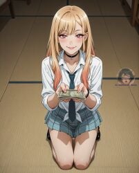 ai_generated ai_generated_sluts financial_domination findom fully_clothed kitagawa_marin kneeling money offering_money offering_to_viewer smiling smiling_at_viewer