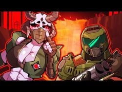 1boy1girl abs blush_lines doom_slayer_(doom) female horns large_breasts low_quality male marauder_(doom) rule_63 thumbnail