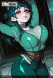 ai_generated arms_up artist_name blunt_bangs blush bodysuit breasts dollmaker dollmaker_(artist) female glowing large_breasts long_hair maomao_(kusuriya_no_hitorigoto) patreon_logo patreon_username smile solo tagme watermark web_address