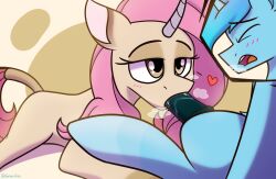1_horn 2025 animal_genitalia animal_penis blue_body blue_hair blush bodily_fluids breath brown_eyes digital_drawing_(artwork) digital_media_(artwork) dripping duo equid equine equine_genitalia equine_penis eyelashes fan_character fellatio female feral feral_on_feral genitals graircleic hair heart_symbol hi_res horn intraspecies lidded_eyes long_hair male male/female mammal mythological_creature mythological_equine mythology open_mouth oral penile penis penis_in_mouth pink_hair quadruped saliva saliva_drip sex tail tan_body them's_fightin'_herds unicorn