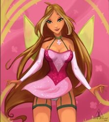 2020 2020s 2d artist_logo artist_name bedroom_eyes breasts brown_hair camel_toe cameltoe charmix cleavage clothing dark-skinned_female fairy fairy_only fairy_wings female female_only flora_(winx_club) flower_necklace focus green_eyes green_wings humanoid humanoid_only jpeg looking_at_viewer necklace pink_clothing pink_skirt shiny_clothes skirt smile smiling_at_viewer standing straps ubeykon_anna underwear wings winx_club
