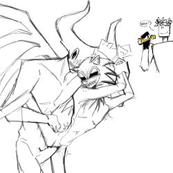 big_penis black_body black_dick black_horn black_tail black_wings blue_fur blue_skin faker furry holding_hands holding_leg hurt leg_grab legs_open legs_up male pillar_chase_2 pussy red_eyes tied_up watching watching_porn watching_sex yellow_eyes