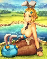 1girls animal_ears black_necktie blonde_hair braid breasts chuchu_(zelda) closed_mouth commentary crown_braid detached_collar english_commentary fake_animal_ears female fishnet_pantyhose fishnets green_eyes hair_ornament hairclip highleg highleg_leotard large_breasts leotard looking_at_viewer mystra77 necktie nintendo one_eye_closed outdoors pantyhose playboy_bunny pointy_ears princess_zelda rabbit_ears short_necktie sitting smile solo strapless strapless_leotard the_legend_of_zelda the_legend_of_zelda:_breath_of_the_wild thick_eyebrows