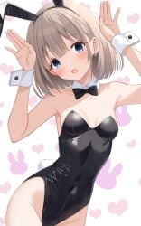 alternate_costume armpits arms_up bare_arms bare_shoulders belly_button_visible_through_clothing black_leotard blue_eyes blush breasts bunny_ears bunny_tail bunnysuit cleavage collarbone detached_collar earrings frozenpile grey_hair groin highleg_leotard idolmaster idolmaster_shiny_colors leotard open_mouth serizawa_asahi short_hair small_breasts strapless_leotard wrist_cuffs