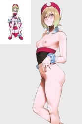 1girls blonde_hair blue_eyes bottomless bracelet breasts closed_mouth clothes_pull collar collarbone eyelashes female female_pubic_hair hair_between_eyes hat higher_resolution_available highres irida_(pokemon) jewelry knees medium_hair navel neck_ring nintendo nipples nude pokemon pokemon_legends:_arceus pubic_hair red_headwear sash serious short_hair strapless thiccwithaq tube_top tube_top_pull
