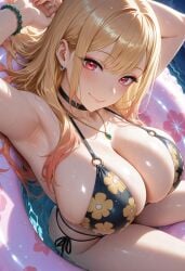 1girls absurd_res afloat ai_generated aiya_ayai armpits bead_bracelet black_bikini black_choker blonde_hair bracelet cleavage colored_tips curvy curvy_female ear_piercing female floral_print_bikini hi_res highres huge_breasts innertube kitagawa_marin large_breasts long_hair looking_at_viewer lying multi-strapped_bikini_bottom multicolored_hair nail_polish night ocean on_back pink_nails red_eyes ring side-tie_bikini_bottom skindentation smile solo sono_bisque_doll_wa_koi_wo_suru swept_bangs wet wet_hair