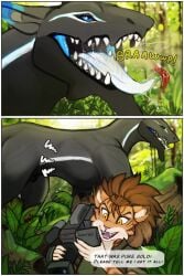acidic after_vore animal_genitalia anthro black_body black_sheath blue_eyes burping camera comic day dipstick_ears dragon duo ear_markings felid female feral forest front_view fully_sheathed fur genitals glistening glistening_eyes grey_body hi_res holding_camera holding_object jungle male mammal multicolored_ears mythological_creature mythological_scalie mythology narrowed_eyes open_mouth open_smile orange_body orange_fur outside plant scalie sheath side_view smile tongue tongue_out tree vore yellow_body yellow_fur