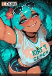 ai_generated aqua_eyes aqua_hair artist_name blush breasts clothes_writing covered_nipples dollmaker dollmaker_(artist) earrings eyewear_on_head female flower goggles goggles_on_head hair_flower hair_ornament hatsune_miku jewelry long_hair looking_at_viewer multicolored_hair nose_blush patreon_username see-through selfie shirt shorts smile solo sunglasses t-shirt tagme twintails watermark web_address wet wet_clothes wet_shirt