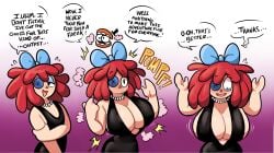 1girls big_breasts breast_expansion breasts cleavage dialogue dress english_text female female_focus glitch_productions huge_breasts ragatha_(the_amazing_digital_circus) red_hair superspoe the_amazing_digital_circus