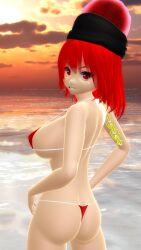 2025 3d ass back beach big_breasts bikini breasts butt_crack clouds deity female hands_on_hips hati_yukkuri_mmd hecatia_lapislazuli light-skinned_female looking_back_at_viewer mmd outdoors rear_view red-eyed_female red-haired_female red_bikini reflection short-haired_female sideboob smiling_at_viewer sun sunset swimsuit touhou water