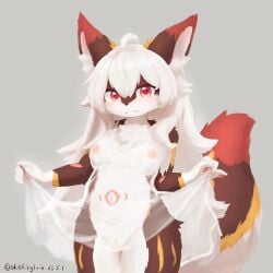 1:1 2025 4_fingers absurd_res ahoge anthro areola arm_markings belly belly_markings big_ears big_tail biped black_nose blush breasts brown_body brown_ears brown_fur canid canine chest_tuft claws clothed clothing clothing_lift colored countershade_face countershade_fur countershade_legs countershade_torso countershading cute_fangs dated digital_media_(artwork) digital_painting_(artwork) dipstick_ears dipstick_tail dress dress_lift ear_markings fangs female female_anthro finger_claws fingerpads fingers fluffy fluffy_tail fox front_view fur gloves_(marking) grey_background hair hi_res ineffective_clothing inner_ear_fluff innie_vulva kemono leg_markings long_hair looking_at_viewer mammal markings medium_breasts monotone_hair multicolored_body multicolored_ears multicolored_fur multicolored_tail navel nipples no_underwear painting_(artwork) pawpads pink_areola pink_markings pink_nipples pink_pawpads portrait red_body red_ear_tips red_ears red_eyes red_fur red_tail red_tail_tip shaded shiokisylvia simple_background smile snaggle_teeth snaggle_tooth solo standing tail tail_markings teeth thick_tail three-quarter_portrait translucent translucent_clothing translucent_dress tuft white_body white_claws white_clothing white_countershading white_dress white_hair white_inner_ear white_inner_ear_fluff yellow_body yellow_fur yellow_markings