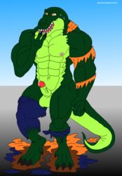 2013 abs anthro balls biceps claws dinosaur erection fangs male male_only maxime-jeanne muscles nipples nude open_mouth pecs penis pose reptile ripped scales scalie solo standing theropod topless tyrannosaurus_rex