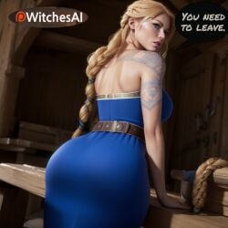 absurd_res absurdres ai ai_art ai_generated arched_back bent_over blue_dress braid braided_hair clothed_female clothing commanding_viewer curvy femdom god_of_war god_of_war_ragnarok goddess hi_res high_quality jpg large_ass large_breasts long_hair milf mommy mommy_kink posing sif sif_(god_of_war) speech_bubble surprised tattoo thick thick_ass thick_hips thick_legs thick_thighs witches_ai