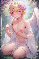 ai_generated angel angel_boy angel_wings blonde_hair blonde_hair blonde_hair_male blonde_male cupid cute eros femboy flower_crown flower_in_hair flower_on_head flowers god god_of_love greek_god greek_mythology heart heart-shaped_pupils heart_eyes lithe nipples pinching_nipples pink pink_eyes pink_hair pink_hair_male pink_nipples pretty teasing twink wet