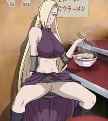 1girls bare_shoulders blonde_hair blue_eyes boots bowl breasts chopsticks clothing crop_top dinaki female female_only female_pubic_hair fishnets food footwear hair_over_one_eye halterneck holding ichiraku_ramen ino_yamanaka large_breasts lips long_hair looking_at_viewer midriff naruto naruto:_the_last naruto_shippuden navel ninja noodles nopan pubic_hair ramen restaurant sitting skirt smile solo spread_legs vagina very_long_hair