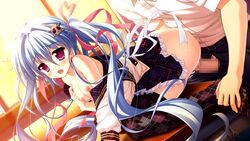 blue_hair breasts censored game_cg long_hair magical_marriage_lunatics!! moonstone nipples penis purple_eyes ribbons ruruna seifuku sex stockings tied_hair twintails yamakaze_ran