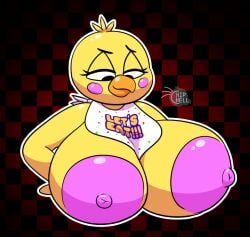 1girls 2021 avian avian_humanoid beak bib big_breasts big_nipples bird black_background black_eyes blush blush breasts checkered_background chica_(fnaf) chicken chicken_girl chipchell female female_only five_nights_at_freddy's furry hand_on_hip huge_breasts huge_nipples looking_at_self looking_down nipples orange_beak pink_nipples red_background scottgames yellow_feathers
