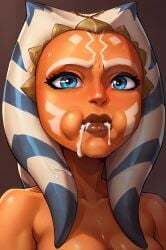 after_fellatio ai_generated blue_eyes breasts cum cum_in_mouth cum_on_tongue dark_skin eyeshadow facial female lips lipstick long_hair makeup nose orange_hair solo very_dark_skin