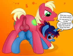 anal ass_up balls big_macintosh_(mlp) cutie_mark dialog duo equine female friendship_is_magic horn horse male my_little_pony ohohokapi original_character penetration penis pony prostitution pussy sex straight text tongue unicorn