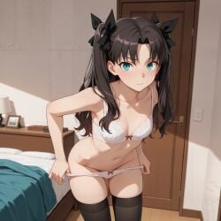 1girls ai_generated bed bedroom bra looking_at_viewer panties standing stockings tohsaka_rin undressing