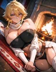 ai_generated akame_ga_kill! blonde_hair breasts cleavage fr34ky huge_breasts leone_(akame_ga_kill!) lying_on_side short_hair tubetop