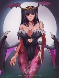 anianocula bat_wings black_eyes black_hair breasts bridal_gauntlets capcom cleavage cosplay covered_navel crossover darkstalkers female fire_emblem fire_emblem_awakening fire_emblem_heroes full_moon gloves intelligent_systems large_breasts leotard long_hair looking_at_viewer milf moon morrigan_aensland morrigan_aensland_(cosplay) night nintendo noxanne pantyhose skin_tight smile solo tagme tharja_(fire_emblem) tiara wings