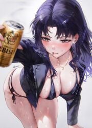 beer big_breasts bikini misato_katsuragi neon_genesis_evangelion qiandaiyiyu smoking wet