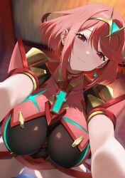 1boy 1girls absurdres black_leotard blurry blurry_background blush bob_cut breasts brown_eyes chest_jewel cleavage closed_mouth commentary earrings female highres jewelry large_breasts leotard looking_at_viewer micro_shorts outstretched_arms pyra pyra_(xenoblade) red_hair red_shorts rex_(xenoblade) shorts sidelocks smile solo swept_bangs tiara xenoblade_(series) xenoblade_chronicles_(series) xenoblade_chronicles_2 yuuki_shin