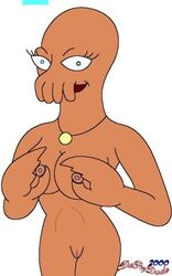 2000 breasts claws da_pop_dude_(artist) edna futurama looking_at_viewer necklace nipple_pinch nipples nude pussy red_skin smile