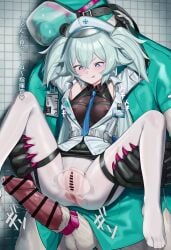 absurdres bar_censor bear blue_eyes blue_hair blue_necktie bondage breasts censored commentary erection female florence_(girls'_frontline_2) gag_harness girls'_frontline hat highres huge_cock kuro_(zhurunbo1997) lifting_person looking_at_penis necktie nurse nurse_cap pa-15_(girls'_frontline) pantyhose penis pussy small_breasts spread_pussy spread_pussy_under_clothes thigh_strap thighhighs torn_clothes torn_pantyhose translation_request white_thighhighs zoophilia