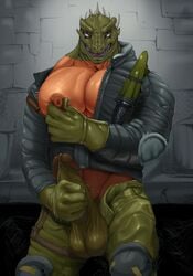 anthro areola balls big_balls clothed clothing dorohedoro erection fangs horn humanoid_penis justmegabenewell kaiman_(dorohedoro) knife male male_only masturbation muscles nipple_play nipples pecs penis precum reptile scalie solo