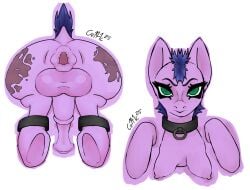absurd_res anatomically_correct anatomically_correct_genitalia anatomically_inaccurate animal_genitalia animal_penis anus ass ass_up balls big_balls big_penis blue_hair bondage bondage bondage_gear bound breasts burn_scar cuff_(restraint) equid equine equine_genitalia equine_penis erect_nipples erection fan_character feral front_view gaping gaping_anus genitals green_eyes hair half-closed_eyes hasbro heizenart herm hi_res hooves horse intersex mammal my_little_pony narrowed_eyes nipples penis pointy_ears pony presenting presenting_hindquarters prick_ears puffy_anus purple_body rear_view restraints scar shaved_head shaved_tail simple_background solo white_background
