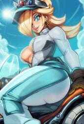 1girls baggy_pants big_ass big_butt bike biker_girl blonde_hair blue_eyes blue_sky blush bodysuit breasts cap crown cyan_eyeshadow earrings eyeshadow female female_only gloves hat lips looking_at_viewer mario_(series) mario_kart mario_kart_world medium_breasts nintendo official_alternate_costume pinup plump_lips ponytail princess_rosalina princess_rosalina_(pro_racer) reliusmax sitting smile solo star_earrings sun sunlight unzipped unzipped_bodysuit