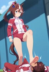 1boy ai_generated animal_ears artist_request blue_eyes brown_hair bulge female horse_ears horse_girl horse_tail penis penis_bulge smell smelly_feet stomp stomping stomping_on_face tokai_teio_(umamusume) umamusume umamusume_pretty_derby white_hair