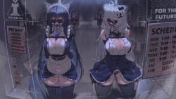 2girls ahoge alternate_breast_size_(larger) arknights arms_behind_back bdsm black_dress black_hair black_thighhighs blindfold blush bondage bound bound_arms breasts cleavage cleavage_cutout clothing_cutout commentary commission dress english_commentary enmaided gag grey_hair highres huge_breasts kajoki kneeling lappland_(arknights) long_hair maid maid_headdress multiple_girls restrained scar scar_across_eye scar_on_face second-party_source texas_(arknights) thighhighs thighs very_long_hair