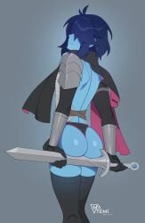 armor ass barely_clothed big_butt blinding_bangs blue_body blue_skin bubble_butt deltarune femboy kris_(deltarune) matemi presenting presenting_ass presenting_hindquarters sexy_armor sword twink