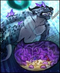 acidic anthro black_horn bodily_fluids bone cutaway death fangs fatal_vore fur grey_body grey_fur hi_res horn hybrid hyena inside_stomach male mammal nude open_mouth purple_eyes skull solo spotted_arms spotted_legs stomach_acid swimming teeth underwater vore water white_body white_fur