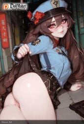 ai_generated ass blush breasts brown_hair clothes_lift dollmaker dollmaker_(artist) female flower gun hair_between_eyes handgun hat heart-shaped_pupils hu_tao_(genshin_impact) lifted_by_self long_hair looking_at_viewer no_panties patreon_logo patreon_username red_eyes skirt skirt_lift smile solo symbol-shaped_pupils tagme thighs very_long_hair weapon