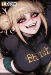 ai_generated bangs blonde_hair blunt_bangs blush breasts dollmaker dollmaker_(artist) double_bun eyebrows_visible_through_hair fangs female looking_at_viewer messy_hair patreon_username smile solo tagme teeth toga_himiko watermark web_address yellow_eyes