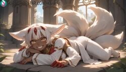 1girls ai_generated animal_ears artist_name artist_signature ass claws dark-skinned_female dark_skin extra_arms faputa full_body furry grin hi_res high_resolution highres kurutai looking_at_viewer lying made_in_abyss monster_girl multiple_tails on_stomach pants short_hair smile solo subscribestar subscribestar_username tail teeth uncensored white_hair white_pants yellow_eyes