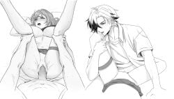 alternate_outfit big_breasts bite_marks blush boothill_(honkai:_star_rail) female_pov girly_boy hold_legs honkai:_star_rail laying_down legs_ legs_spread lick_leg looking_at_partner male_pov monochrome no_panties no_pubic_hair penetration school_uniform short_hair skirt stelle_(honkai:_star_rail) sweatdrop tears thigh_strap trembling vaginal vaginal_penetration vaginal_sex veiny_penis visible_nipple wet_pussy