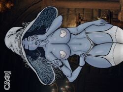 abs artist_request background big_ass big_breasts black_hair blue_body blue_eyes blue_skin doll feet_out_of_frame four_arms hands-free hat large_ass large_breasts neck panties pasties ranni_the_witch tagme thong witch_hat